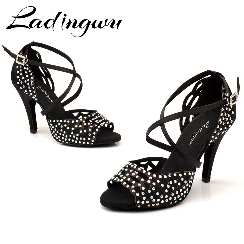Ladingwu Woman Laser Rhinestone Latin Dance Shoes For Women Skin Color Black Satin Salsa Latin Shoes Sneakers Dance Shoes