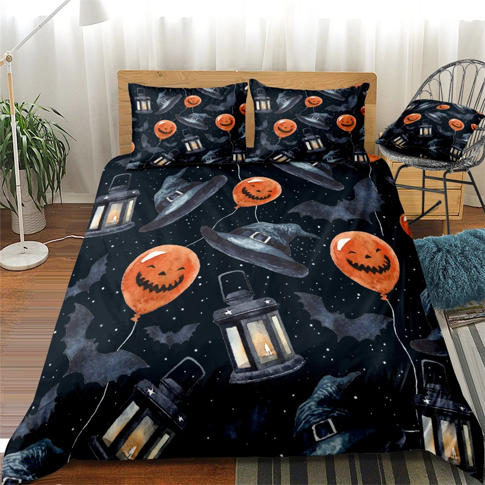 

Halloween Witch Hat Bats Duvet Cover Set Digtal Printed Bed Linen Set Quilt Cover Bedclothes Pillowcase Black Bedding Set Twin