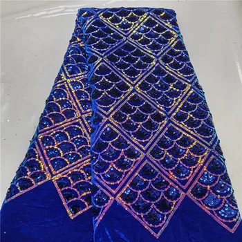 

Latest African Net Lace Fabric 2021 royal blue/gold High Quality Sequins Nigerian velvet Lace Fabrics 5Yards Material Sewing