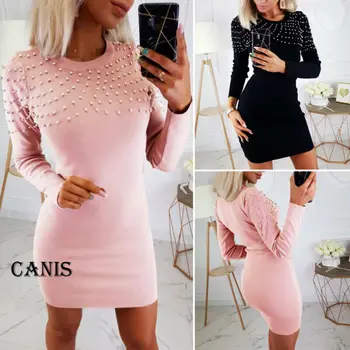 

Short Women Dress Long Sleeve 2020 Autumn Winter Sexy Bodycon Mini Dress With Button Slit Plus Size Ladies Casual Black Dress