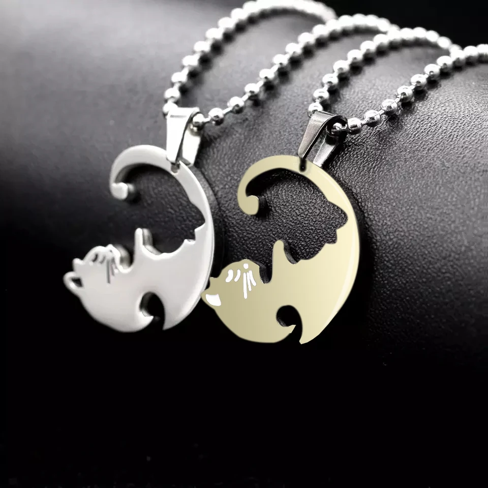 1 paar ICH Liebe Sie Schwarz Gold Blau Rosa Katze Kristall Herz Beste Freund Paar Lange Edelstahl Kette Halskette männer Frauen Schmuck – Detail 3
