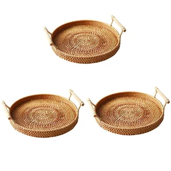 

3Pcs Rattan Storage Tray, Round Basket with Handle, Hand-Woven, Rattan Tray Wicker Basket Bread Fruit Food Display 24cm