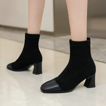 

Flock Leather Women 6cm High Heels Ankle Boots Autumn Winter Square Toe Buckle Dress Party Shoes Woman Large Size 42 43