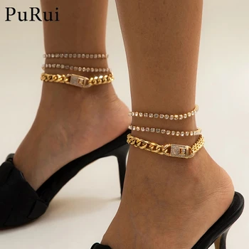 Hip Hop Chunk Iced Out Cuban Chain Anklet for Women 3Pcs/Set Rhinestone Gold Color Foot Bracelet Anklets Jewelry Barefoot Sandal