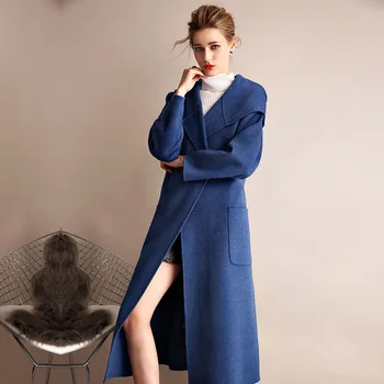 

New Women Winter Autumn Fashion Hooded Collar Double Face Cashmere Wool Coat Female Elegant Woolen Split Plus Size Outwear Vadim