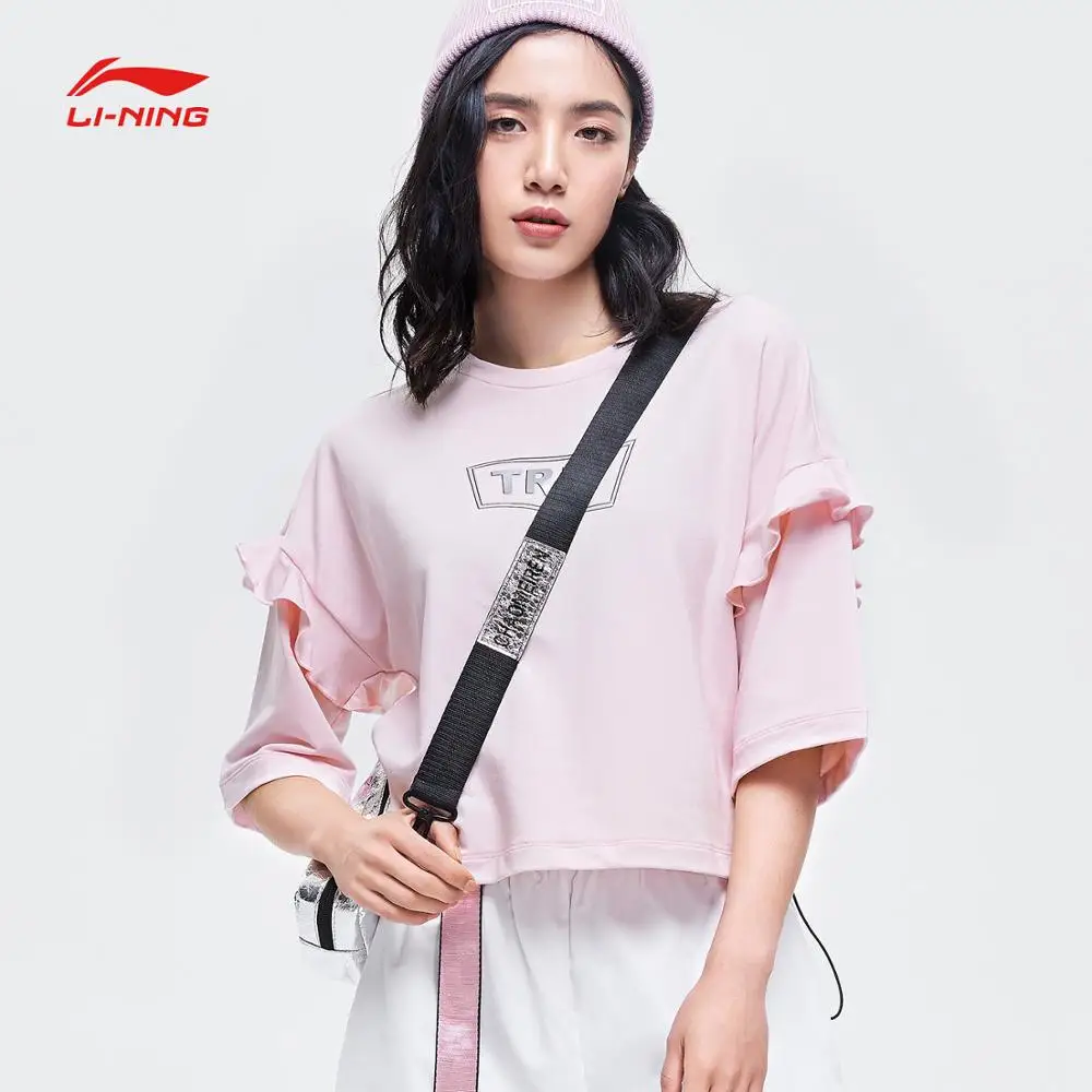 Li-Ning Женская трендовая футболка свободный крой рукав-Волан дышащая подкладка удобные спортивные топы футболки AHSP016 CJFM19