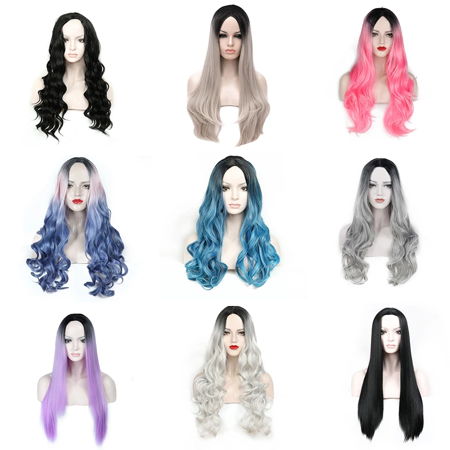 

24 Inch Ombre Brown Blonde Black Pink Red Temperature Synthetic Wigs For Black/White Women Glueless Wavy Daily/Cosplay Hair Wig
