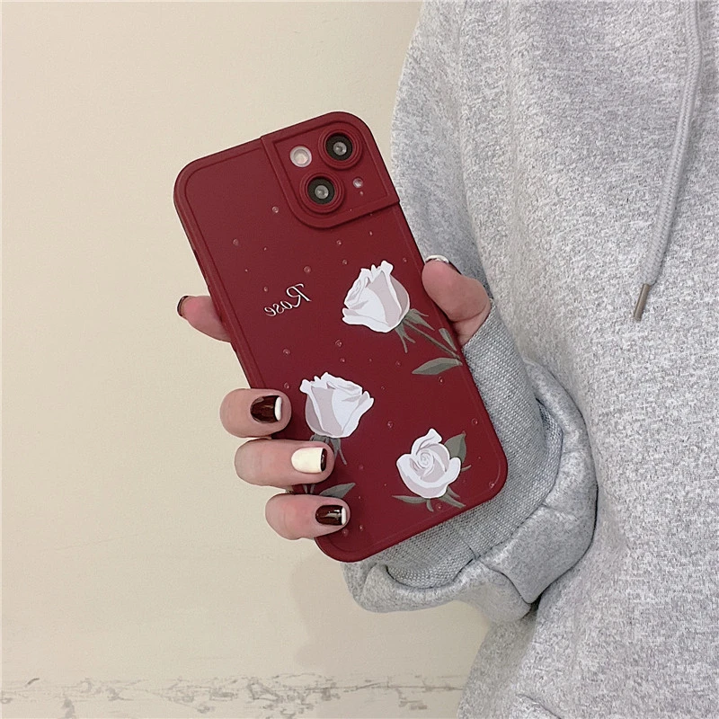 Retro Cute Art Red Rose Flower Phone Case For Iphone 13 11 12 Pro Max Xr X Xs Se 7 8plus Floral Soft Silicone Matte Cover Capa Phone Case Covers Aliexpress