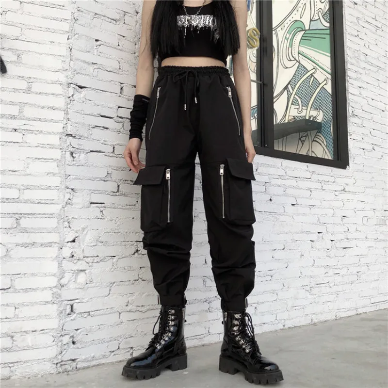 NCLAGEN Cool Big Pockets Zippers Women Hip Hop Cargo Pants Loose Casual Gothic Black Trousers Drawstring Punk Sweatpants Capris NCLAGEN Cool Big Pockets Zippers Women Hip Hop Cargo Pants Loose Casual Gothic Black Trousers Drawstring Punk Sweatpants Capris