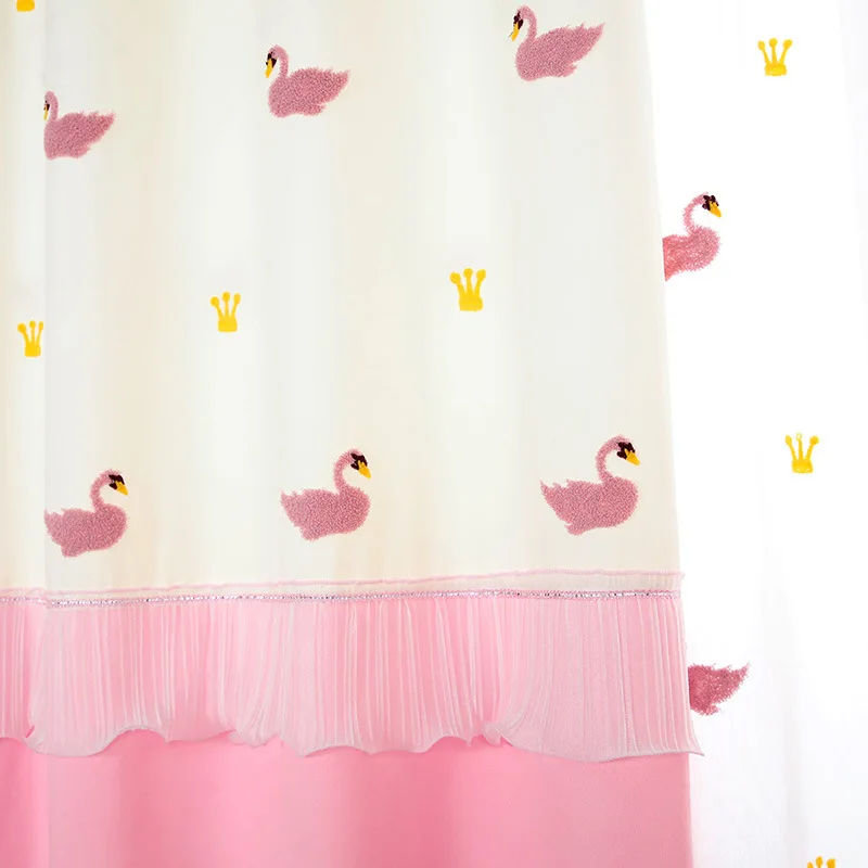 Роскошная затемненная занавеска с вышивкой лебедя для маленькой девочки, спальни, белая и розовая штора с вышивкой, Штора для детской одежды с рисунком FQ034D3