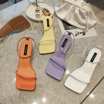 

Beige Heeled Sandals 2020 Summer Buckle Strap Open Toe Women's Low Shoes Clear Heels shoes Black Ladies Peep Woman Fashion