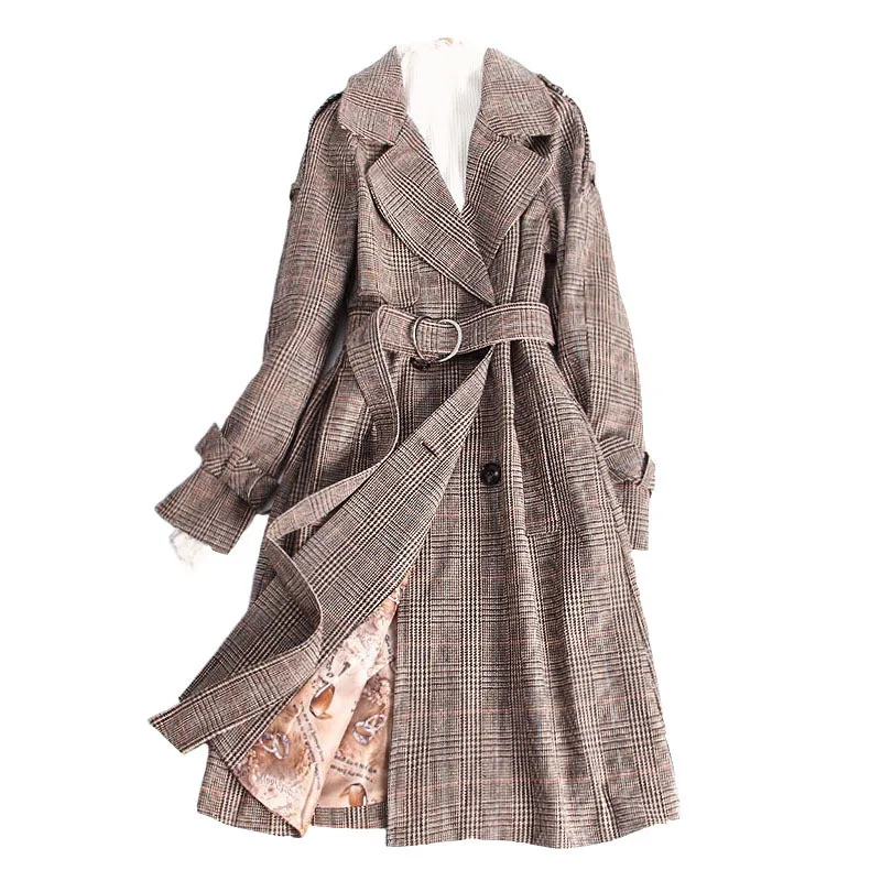 New Fashion Female Windbreakers Autumn Women Plaid Trench Coat Double-breasted Long Overcoat With Belt Outerwear R1172