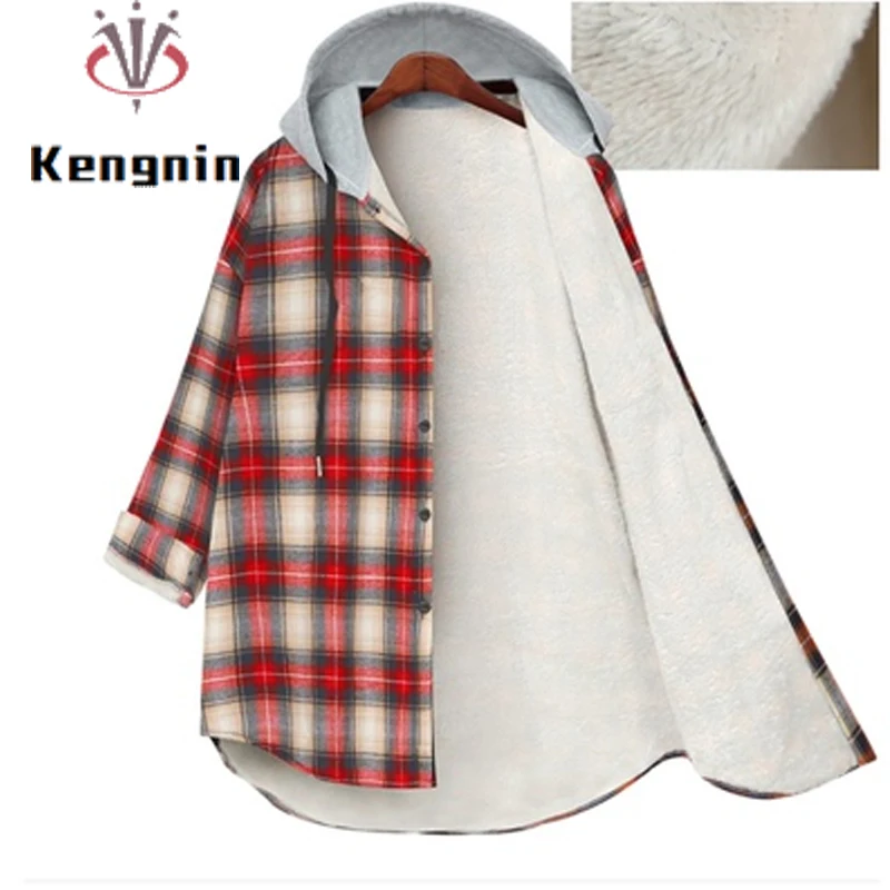 Winter Plus Size 5XL Women Fleece Shirts Colorful Plaid Long Sleeve Ladies Blouse and Shirts Hooded Button Cardigan Tops KE2146