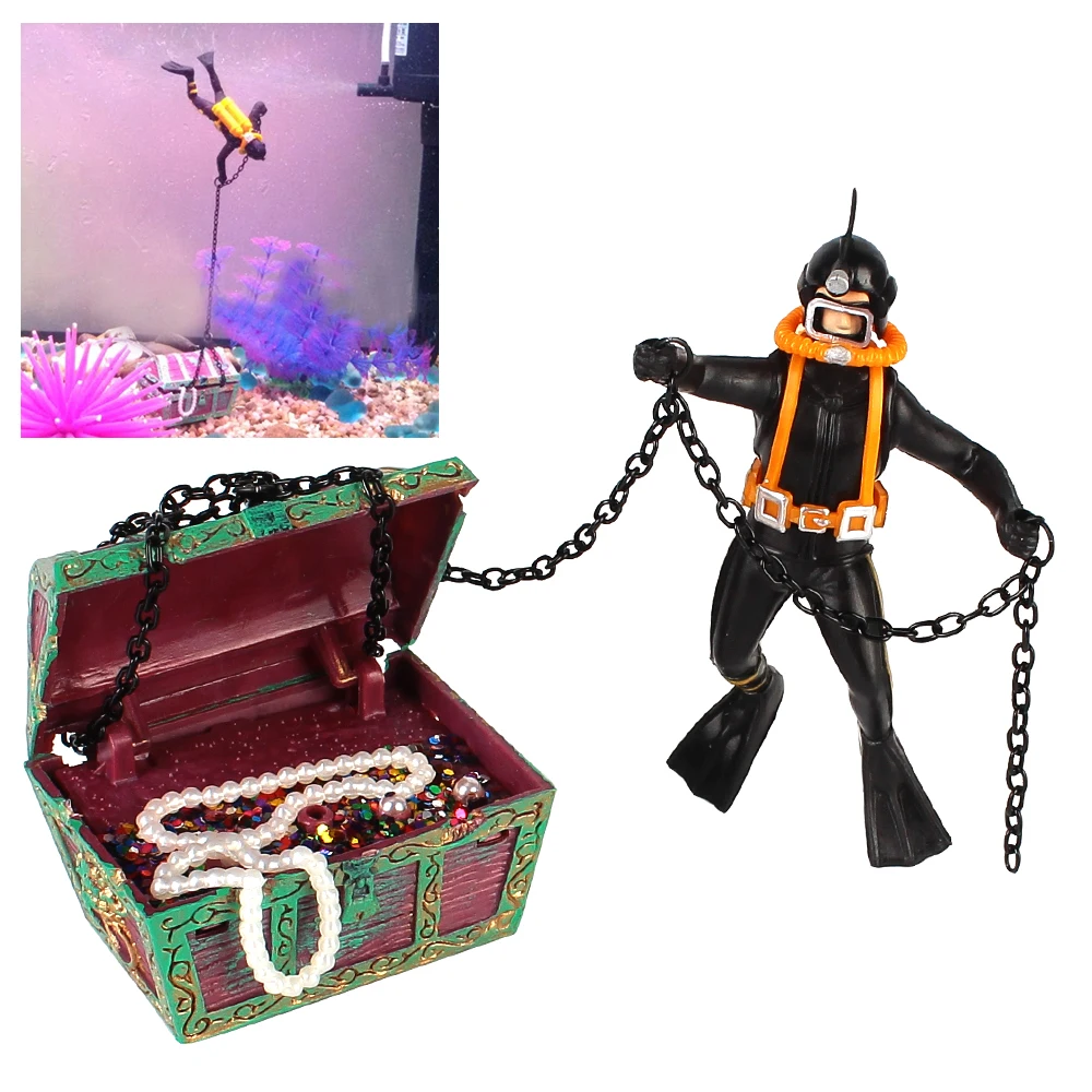 Craetive Treasure Chest Diver Action Figure Fish Tank Ornament Treasure