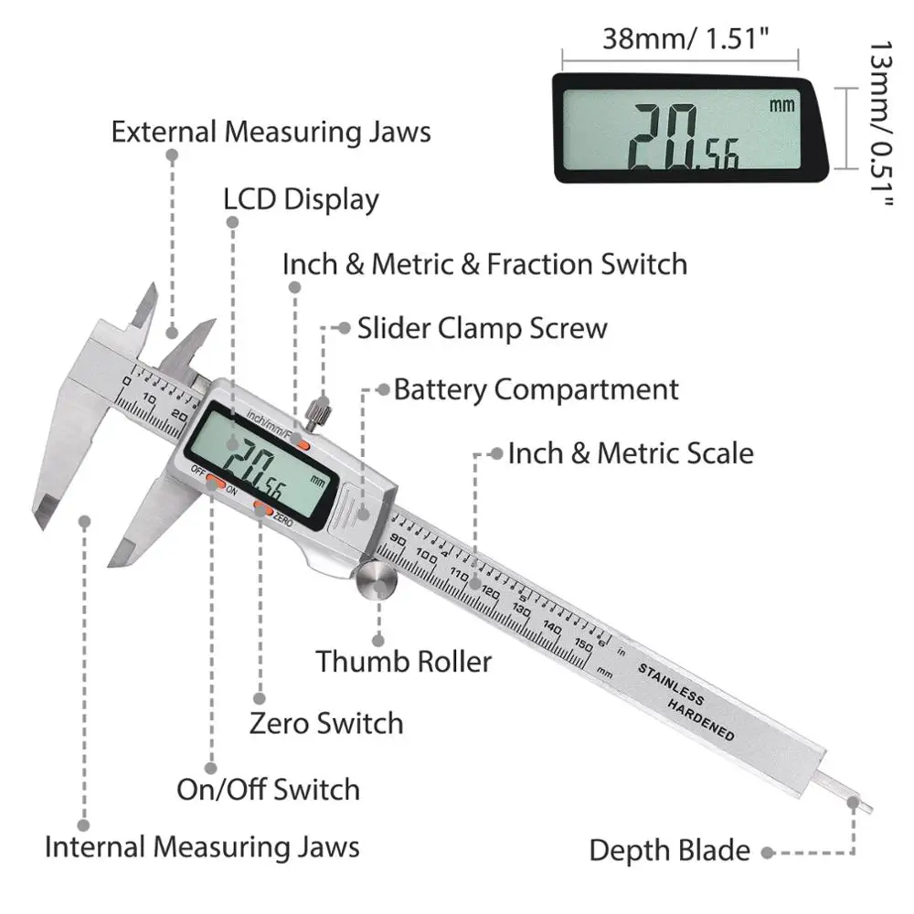 Neoteck 150 мм Цифровой штангенциркуль Feeler Калибр из нержавеющей стали тела Электронный штангенциркуль fraces/дюйм/метрическая Конвертация