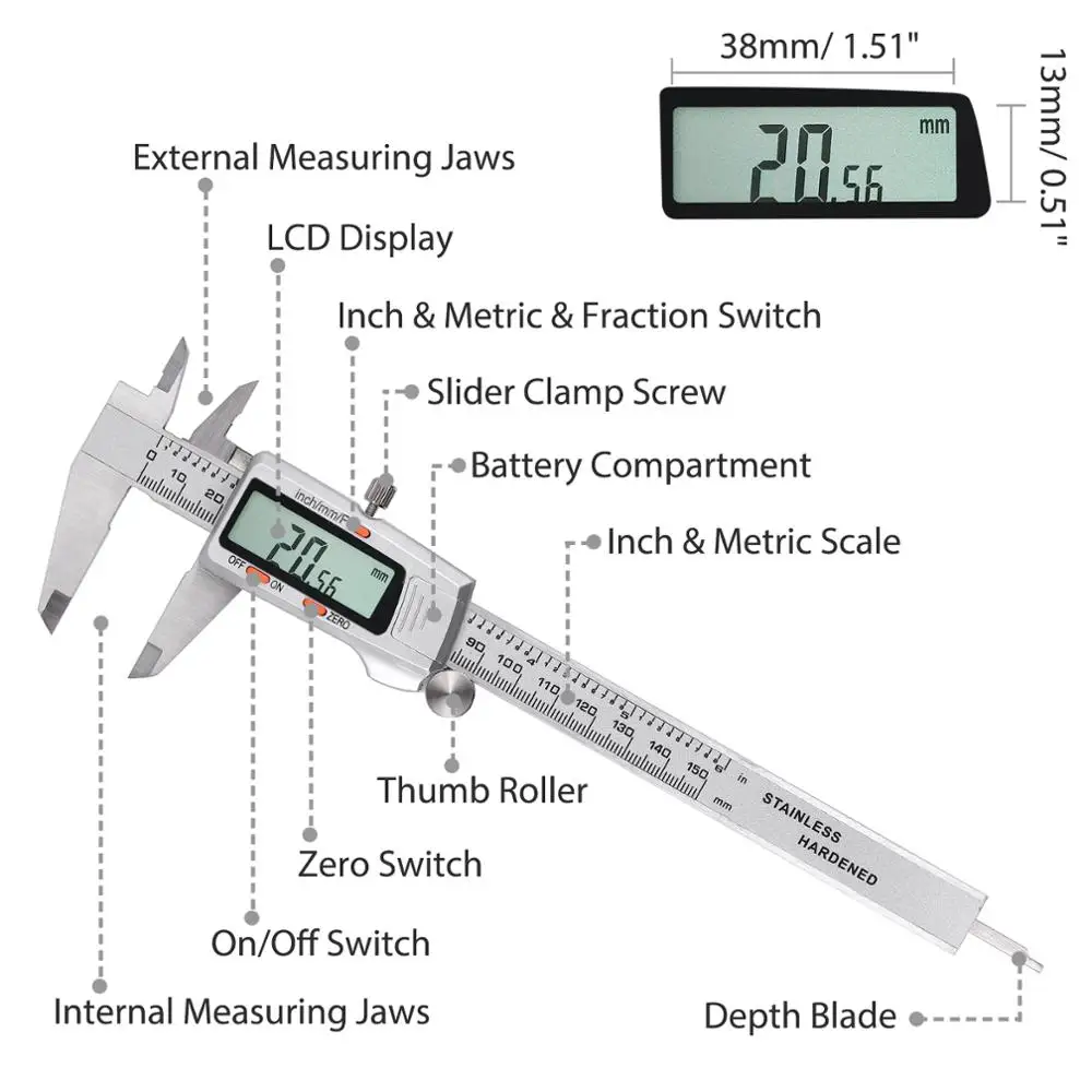 Stainless Steel Electronic Vernier Caliper Fractions/ Inch/ Metric