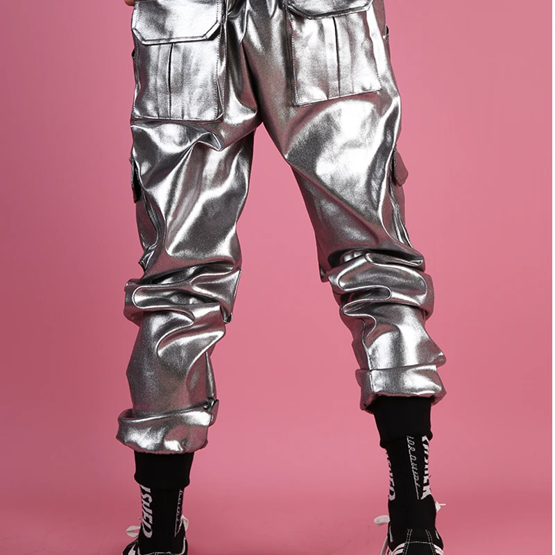 Карманный карго Broek стадион Kleren DJ Zanger Broek Mannen Повседневный Lederen шаровары Broek Mannelijke уличная хип хоп панк Zilver