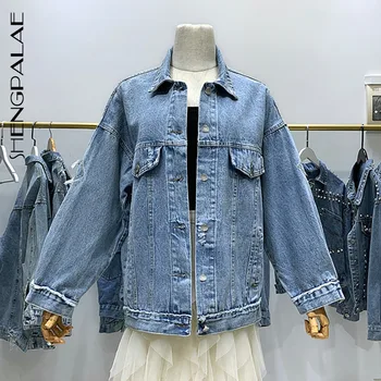 

SHENGPALAE 2020 Autumn Women Turn-down Collar Single Breasted Solid Vintage Female Loose Streetwear Splice Denim Jacket ZA4957