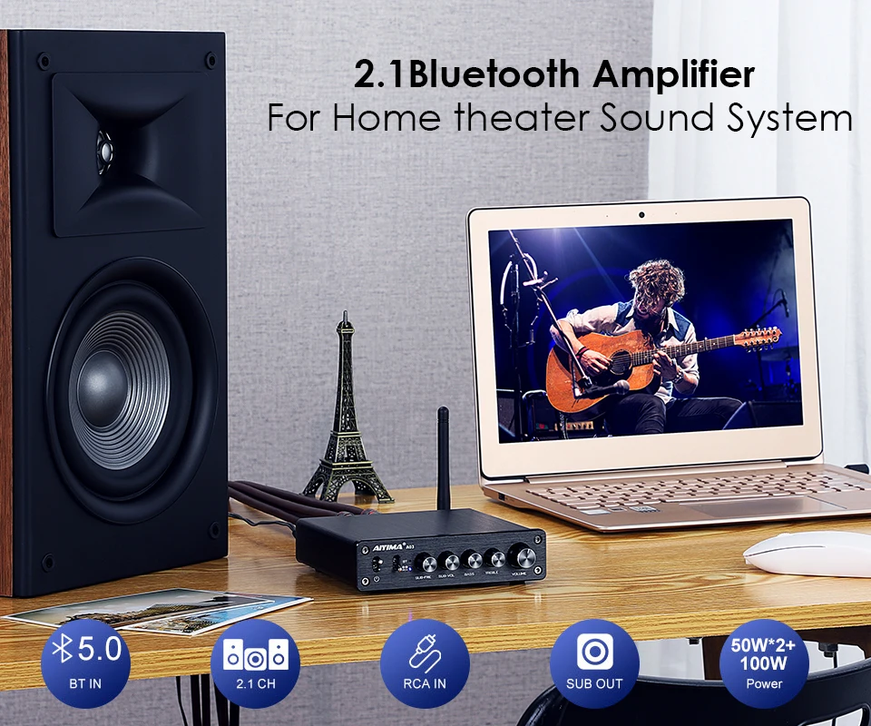 AIYIMA TPA3116 Subwoofer Bluetooth Amplifier HiFi TPA3116D2 2.1 Digital Power Amplifiers 50Wx2+100W Sound Amplificador A03