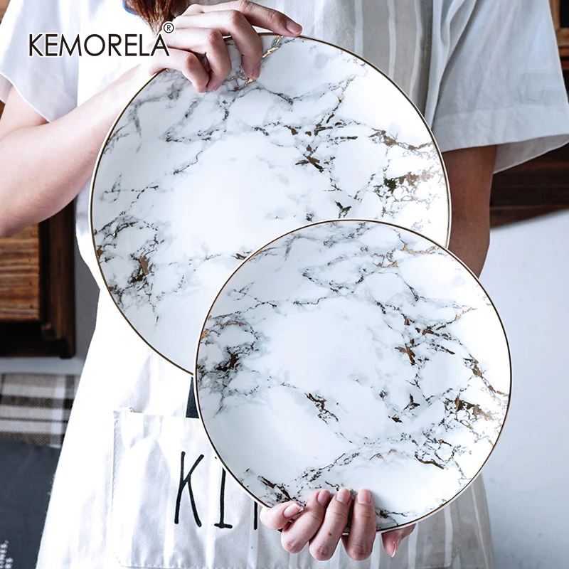 8/10 Inch Nordic Dinner Plate Marbled Golden Inlay Ceramic Steak Cake Tableware Ins Home Hotel Food Dishes Tray Dessert Plate