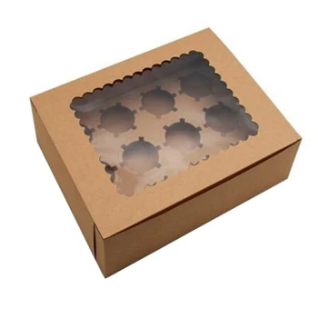 

10Pcs Cupcake Box with Window Kraft Paper Boxes Dessert Mousse Box 12 Cup Cake Holders Brown