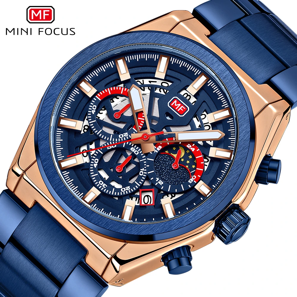 

MINI FOCUS Men's Watches Chronograph Sport Watch Men Quartz Wristwatches Stainless Steel Band Hollow Dial Surface Waterproof