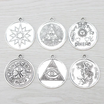 

6 x Large Round 2 Sided Carved Pattern Pentagram Charms Wiccan Pagan Pendants For Necklace Jewelry Making 35mm