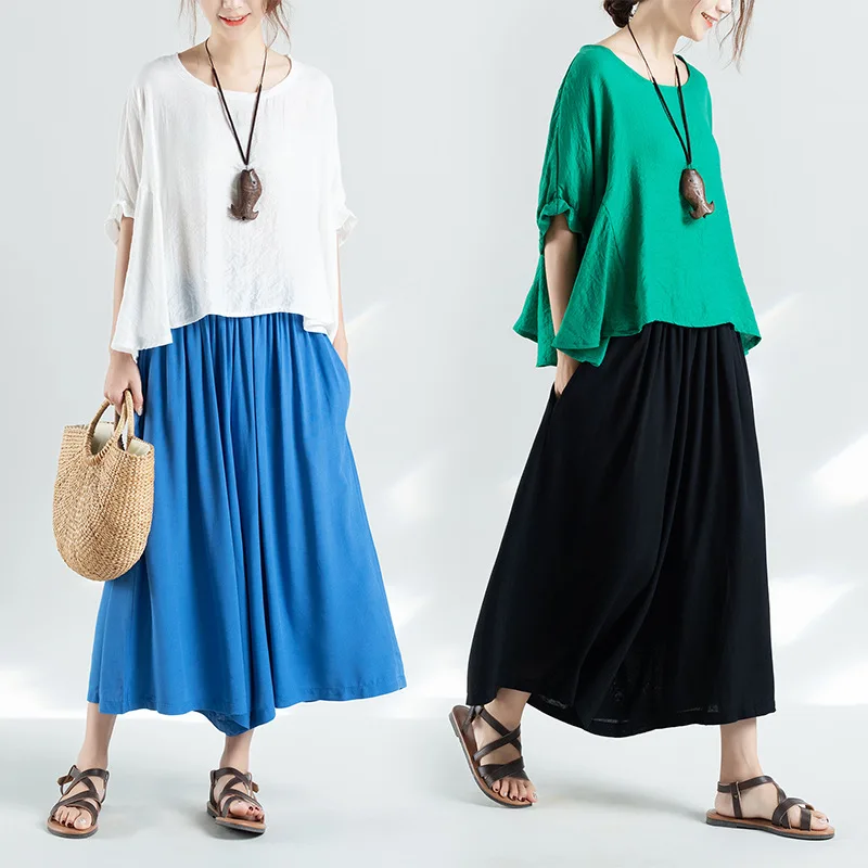 

Slimming Photo Shoot Cotton Linen WOMEN'S Suit New Style Literature And Art Large Size Loose-Fit Wide-Leg Culottes Flax Casual T