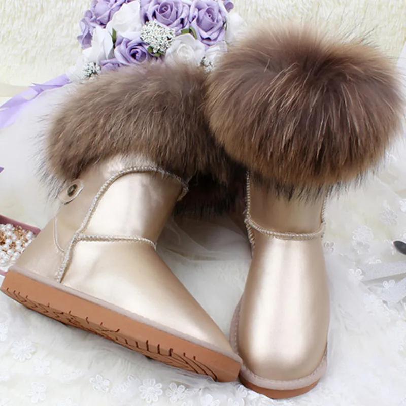 Женские зимние ботинки на меху; зимние ботинки с натуральным лисьим мехом; водонепроницаемые ботинки; Средний теленок; женская зимняя обувь из натуральной кожи - Цвет: beige waterproof
