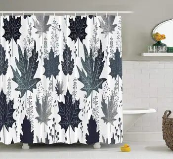 

Grey Tree Vector Shower Curtain, Floral Maple Leaves Berries Fabric Bathroom Shower Curtain Polyester Fashion Beautiful Art Bath