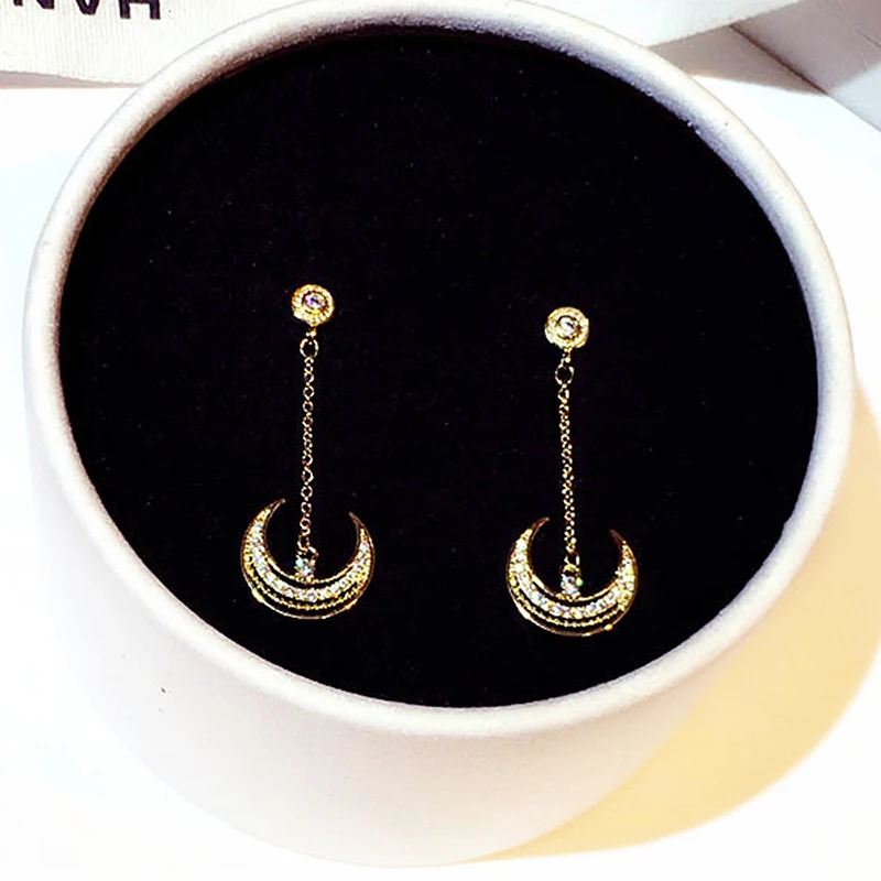 Luxury Elegant Shine Rhinestone Moon Earring for Women Feminia AAA Cubic Zirconia Drop Earrings Fine Jewelry Pendant Gift