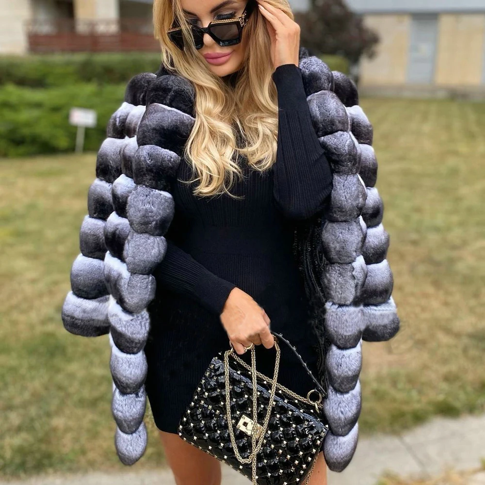 Mid-length Women Rex Rabbit Fur Coat Natural Whole Skin Chinchilla Color Genuine Rex Rabbit Fur Jackets with Turn-down Collar