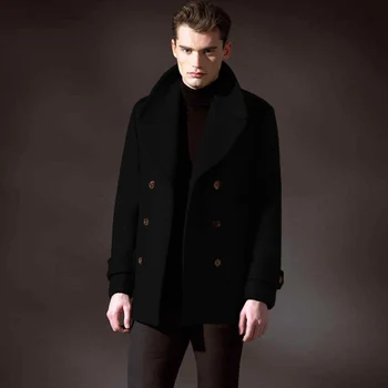 Men’s woolen coat high-end show youth winter double-breasted large lapel short woolen coat Double Breasted Coat Men Men Wool Coat Outwear & Jackets Color: Black Size: XL
