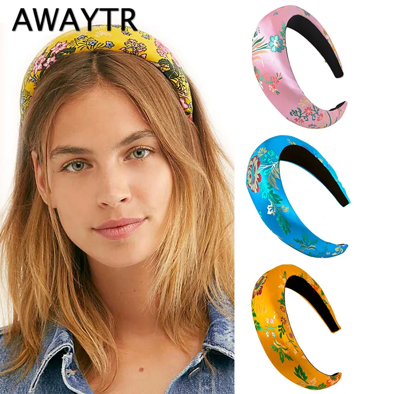 AWAYTR новая атласная вышитая губчатая повязка на голову для женщин утолщенная лента для волос китайский стиль Цветочная текстура широкий контур волос аксессуары для волос