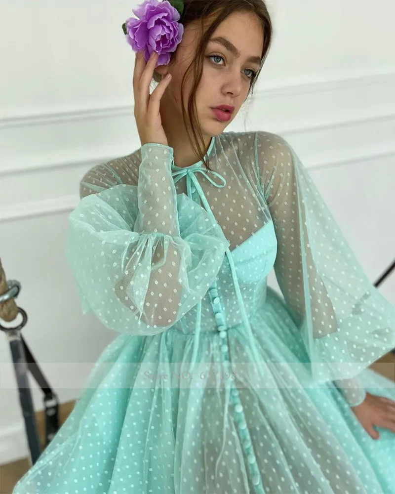 High Neck Long Sleeve Mint Green Tea Length Buttons Prom Dress A-Line Tulle Evening Gowns cute prom dresses