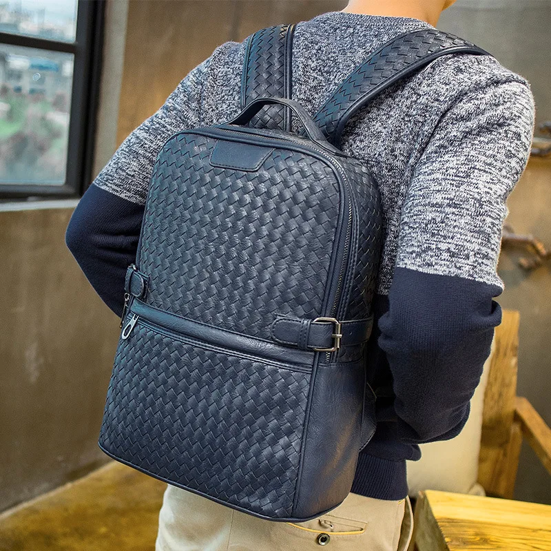 

Leisure Weaving Soft Leather Backpack Men's Bag Fashion Travel Student Bag Large Capacity Computer Backpack Women's Laptop Bag
