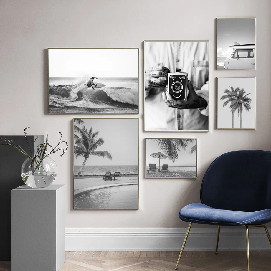 Black White Surf Beach Chair Camera Palm Tree Car Van Wall Art Print Canvas Painting Nordic Poster Decor Picture For Living Room