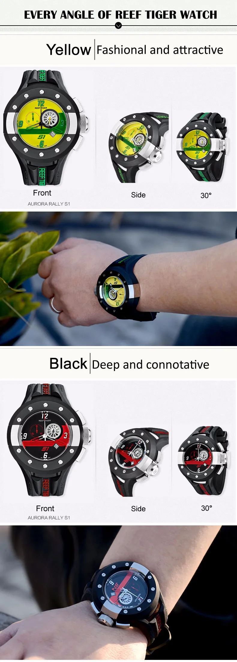 Reef Tiger/RT мужские спортивные часы с хронографом, циферблат на приборной панели, кварцевые часы с датой, секундомер, часы зеленого и желтого цвета RGA3027