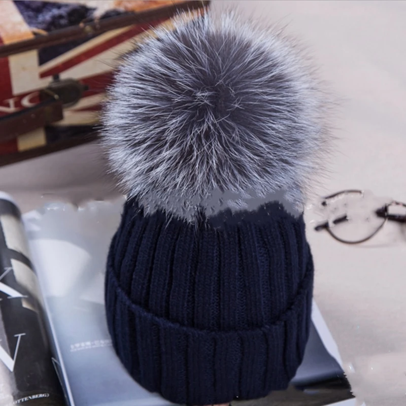 Nvay Blue Новые модные женские зимние шапки большой мяч женская шапка зимняя лиса 15 см Меховые помпоны вязаная круглая Лыжная шапка - Цвет: Nvay Blue