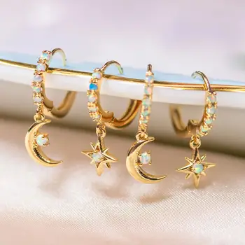 

Round white fire opal Stone Elegance women girl lovely moon star charm gold earring Drop