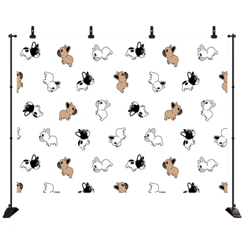 

Dog Theme Backdrop Puppies on a White Background Cartoon Cute French Bulldog Photo Background For Birthday Photography