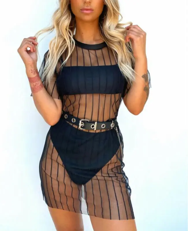 Summer Women Ladies Sexy Short Sleeve Bikini Cover Up Striped Solid Black O-neck Loose Swimming Holiday Beach Wear | Женская одежда