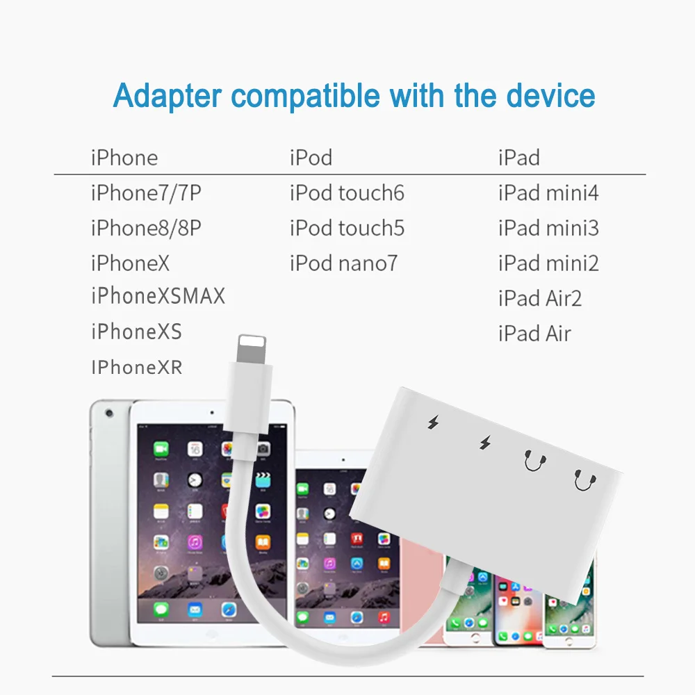 4 in 1 for Lightning to 3 5mm Headphone Aux Jack Audio Adapter With Micro USB Charge Audio Port For iPhone X XR XS 8 7 iPod iPad