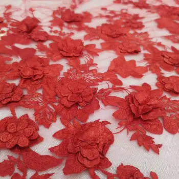 

high end red color embroidered net lace fabric with 3D flower JOY-22901african tulle lace for wedding dress fabric