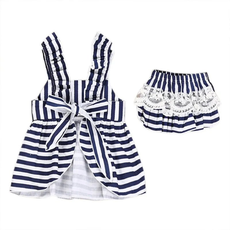 

WEIXINBUY Summer Striped Print Dress with Lace Briefs PP Pants Suit Sets Cute Baby Girl Infant Casual 2Pcs