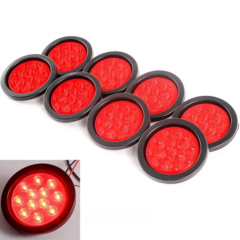 

New 8pcs Truck Trailer Round Red 10-LED DC 12 V Stop Turn Tail Light Flush Mount 4" Diameter LED Light Waterproof Marine Light