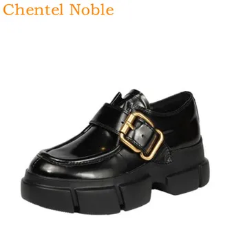 

2019 New Chunky Platform Shoes For Womens Classic Gold Buckle Fashion Black Color Real Leather Female Two Style Thick Bottom