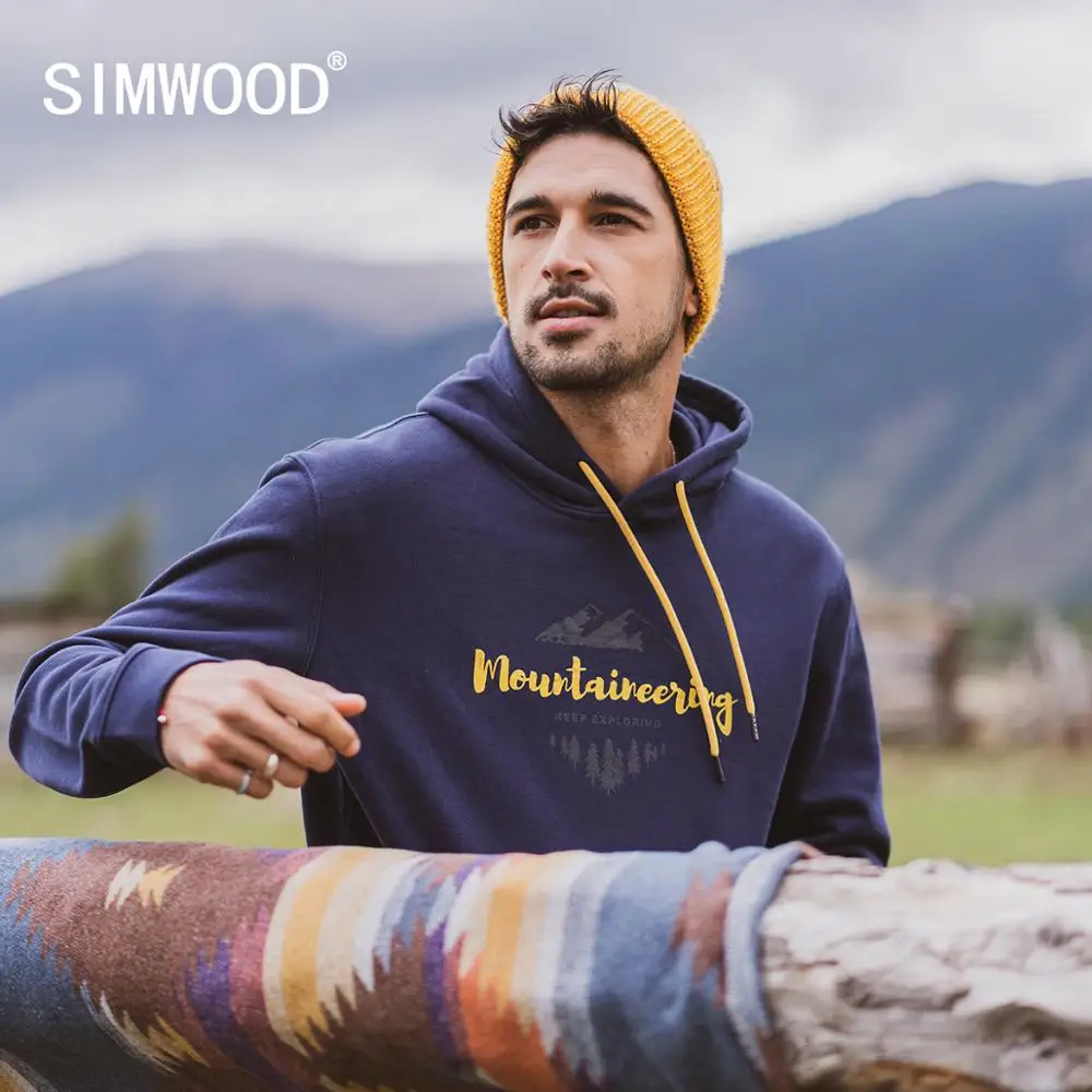 SIMWOOD 2020 осень зима новые толстовки с капюшоном 100% хлопок буквы горный принт