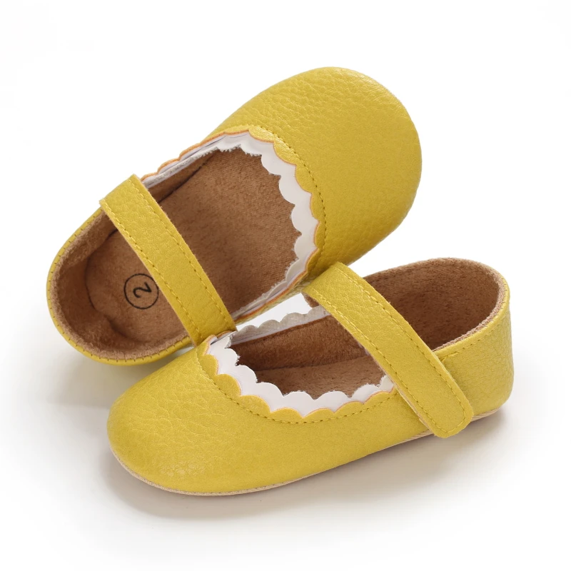 Infant Newborn Baby Girls Princess Non-Slip Floral Border Shoes Toddler Baby Soft PU Leather Prewalker Shoes Solid First Walkers