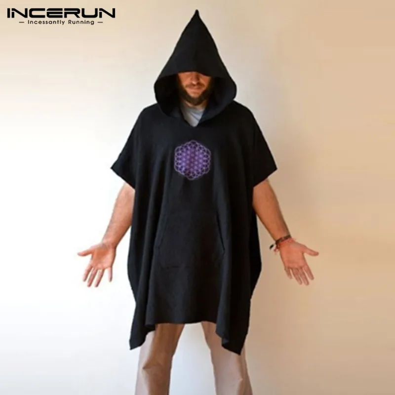 INCERUN, короткий рукав, с капюшоном, Мужская футболка, с принтом, быстро сохнет, свободные, Длинные пуловеры, пончо, карманы, Повседневный плащ, топы, мужские футболки